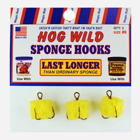 Packaging of Hog Wild Sponge Hooks with yellow sponge hooks on a white background