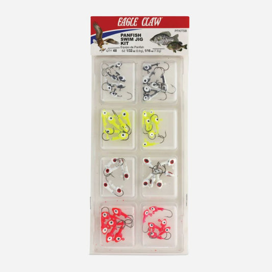 Eagle Claw Panfish Swim Jig Kit in a clear plastic organizer package with six compartments containing different jig lures in silver, neon yellow, and red with white eye details, on a light gray background.