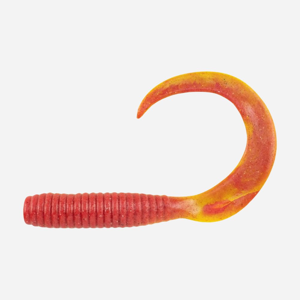 Red and yellow fishing lure on a white background