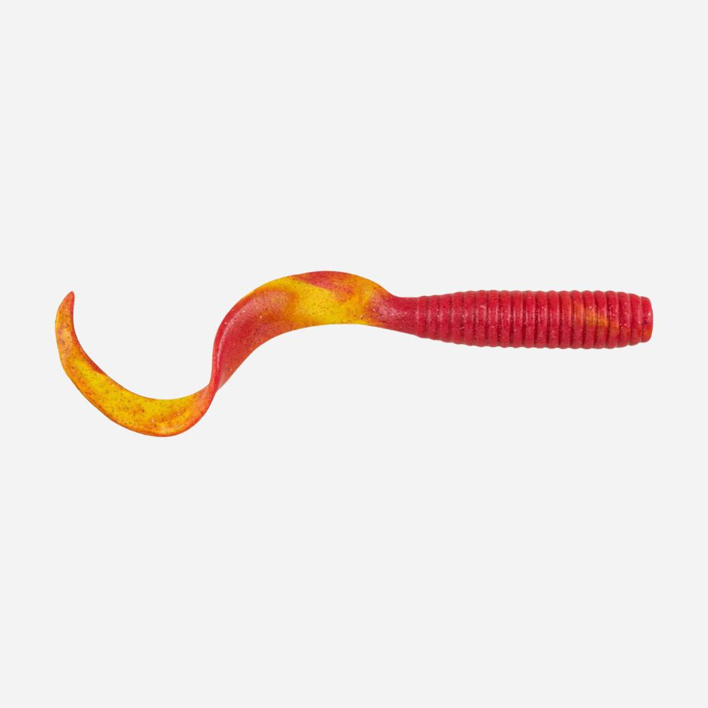 Red and yellow fishing lure on a white background