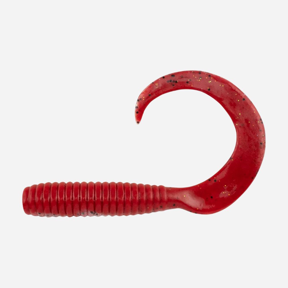 Red fishing lure with a curved hook on a white background