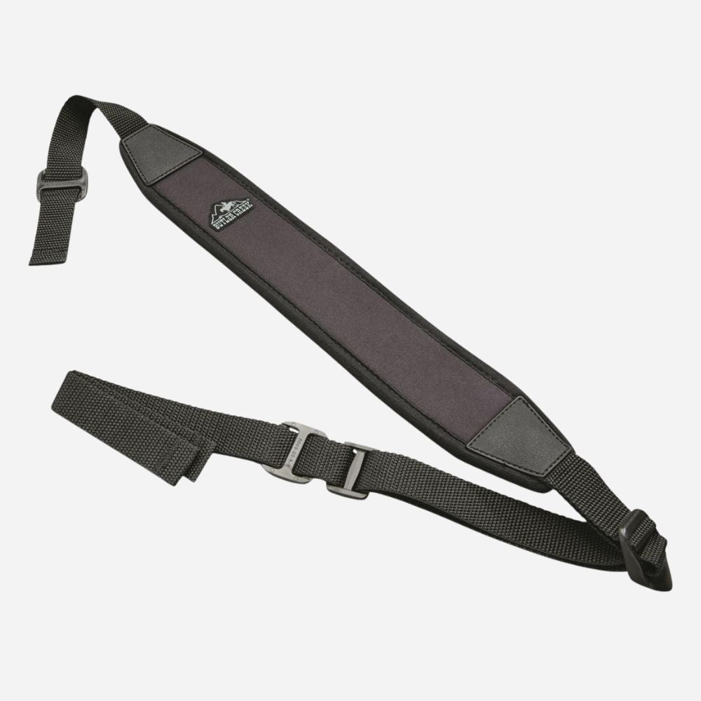 Black camera strap with a brand logo on a white background