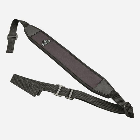Black camera strap with a brand logo on a white background