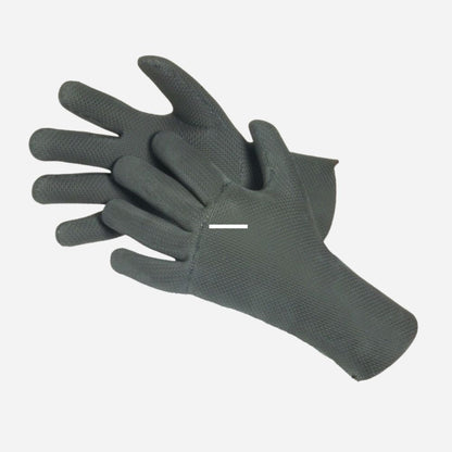 A pair of dark gray textured work gloves shown against a plain light gray background.