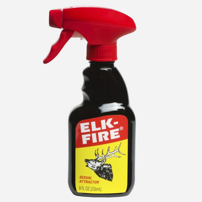 Bottle of Elk-Fire sexual attractant with red spray nozzle on a white background