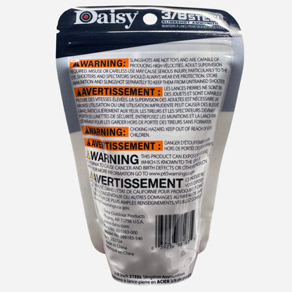 Back of a Daisy slingshot packaging with warning labels and product details.