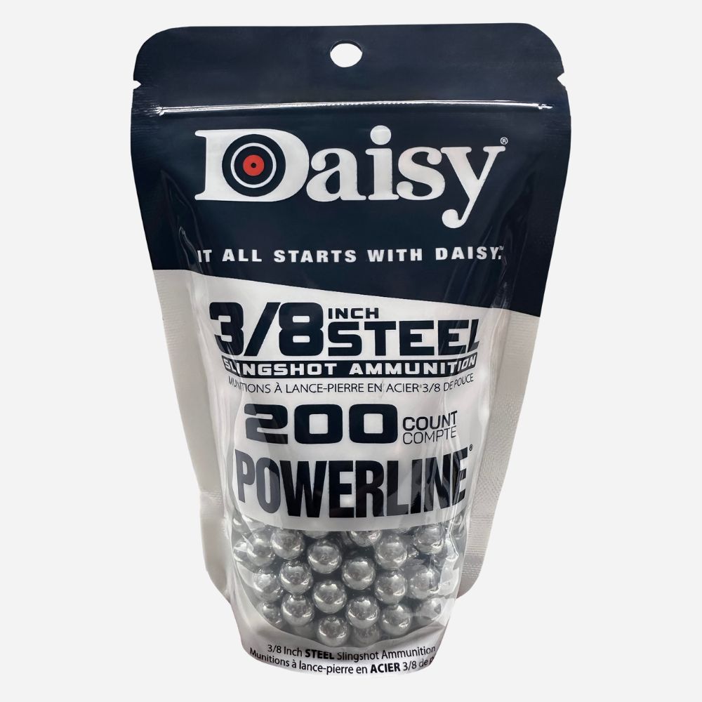 Daisy 3/8 inch steel powerline ammunition packaging on a white background