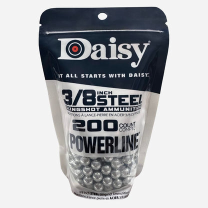Daisy 3/8 inch steel powerline ammunition packaging on a white background