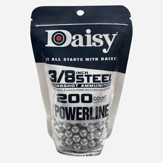 Daisy 3/8 inch steel powerline ammunition packaging on a white background