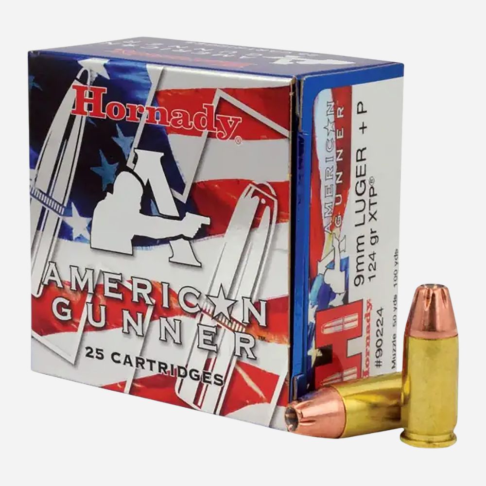 A box of Hornady American Gunner 9mm Luger +P cartridges with two bullets displayed in front on a light gray background.