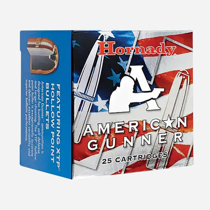 A box of Hornady American Gunner 25-cartridge ammunition, featuring a patriotic American flag design with a blue side panel and white, red, and blue graphics.