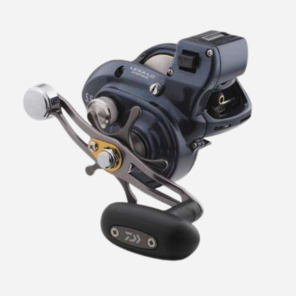 A Daiwa LEXAA-20 spinning fishing reel with a dark blue body, silver handle, and black handle grip, shown on a light gray background.