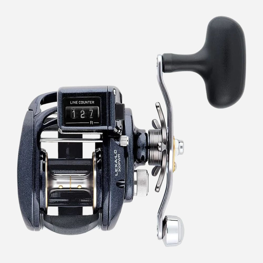 A Lexalo baitcasting fishing reel with a black handle, black body, silver metal components, and a black line counter display, shown on a light gray background.