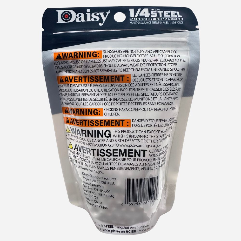 Back of a Daisy slingshot ammunition package with warning labels.