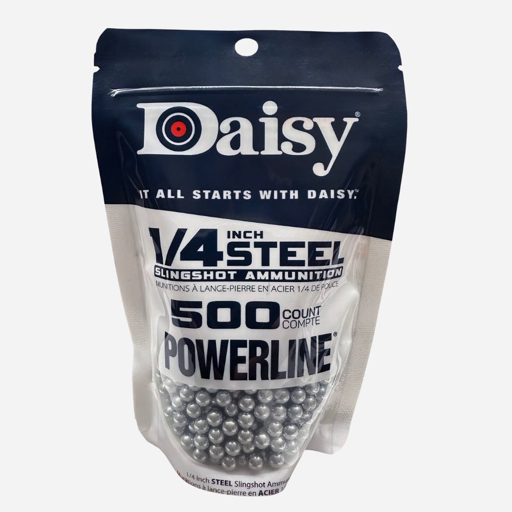 Daisy 1/4 inch steel slingshot ammunition package on a white background
