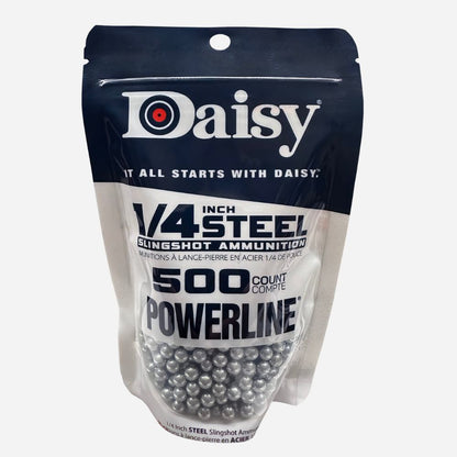 Daisy 1/4 inch steel slingshot ammunition package on a white background