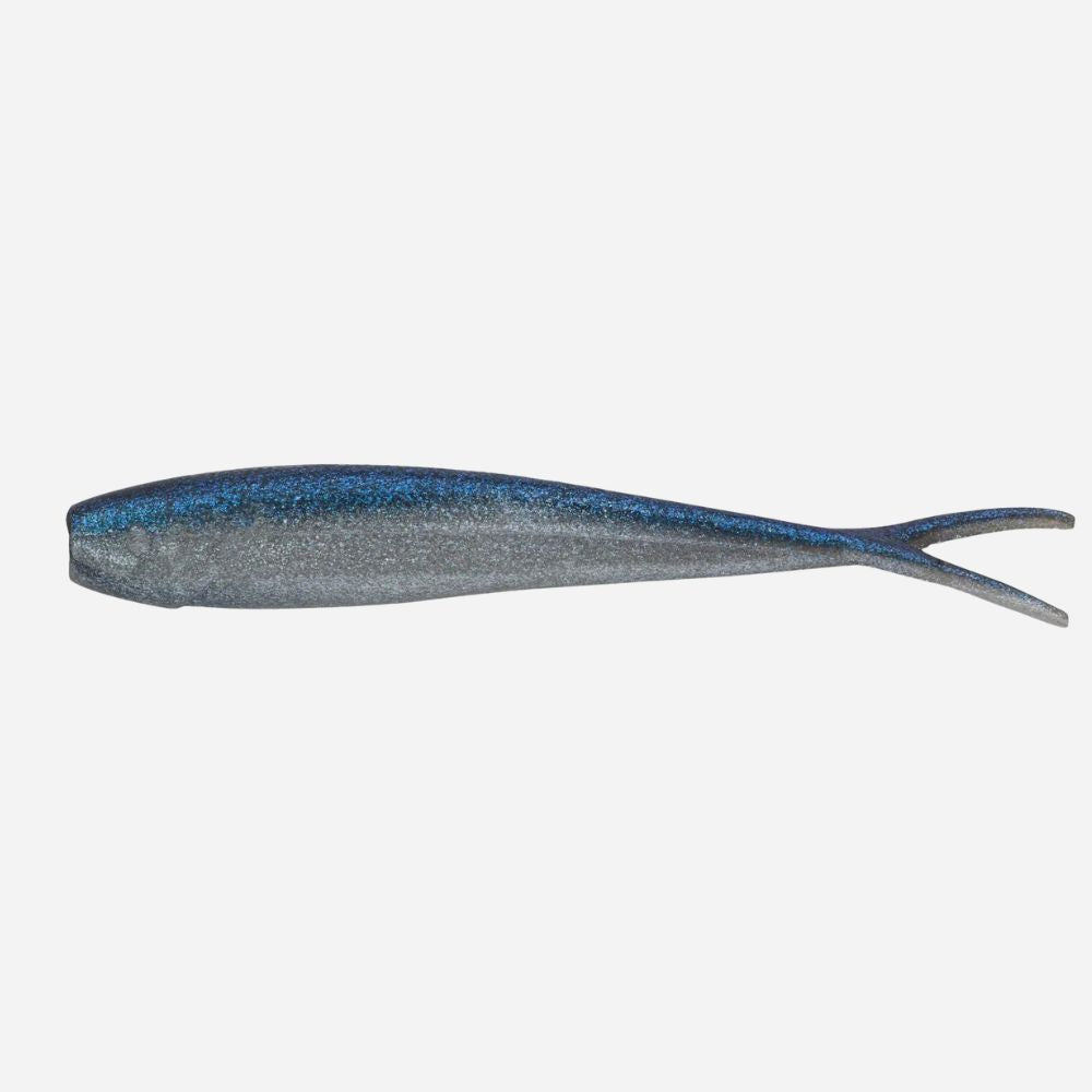 Fishing lure with blue and gray pattern on a white background