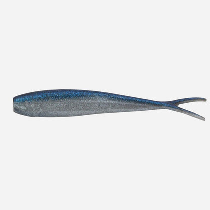 Fishing lure with blue and gray pattern on a white background