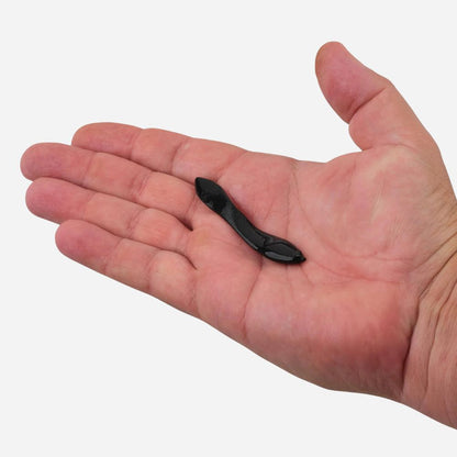 Small black object held in a person's palm against a white background