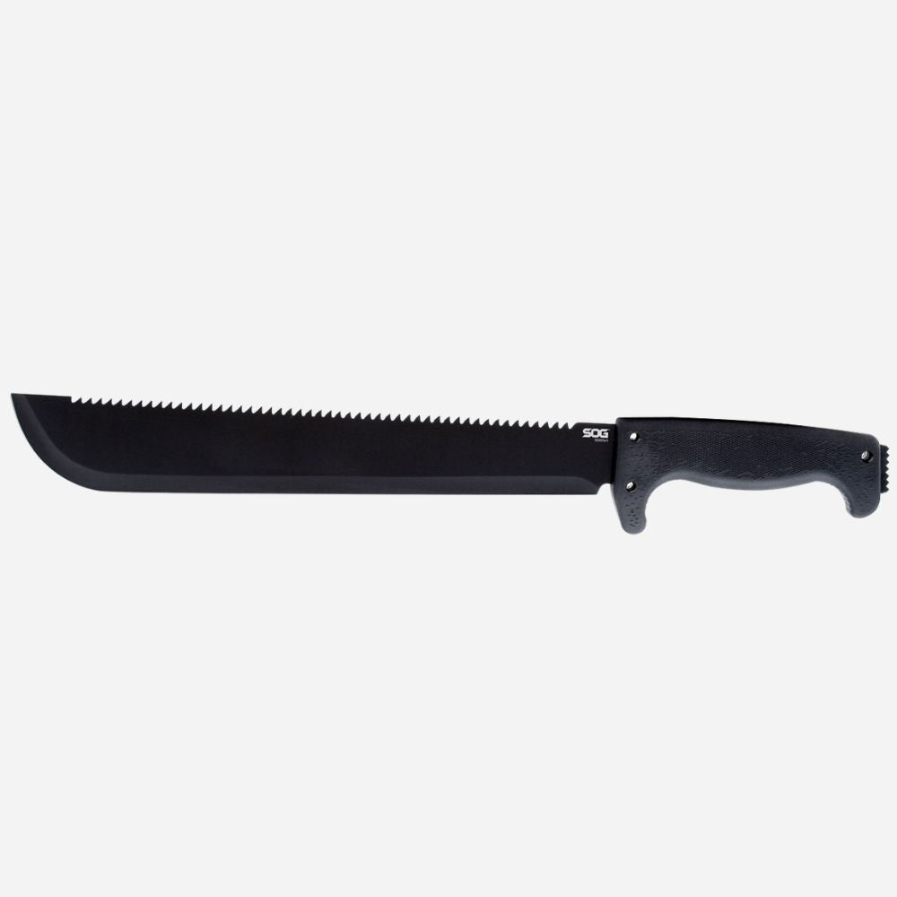 Black machete with a sawtooth blade on a white background