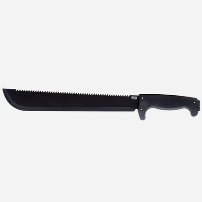 Black machete with a sawtooth blade on a white background