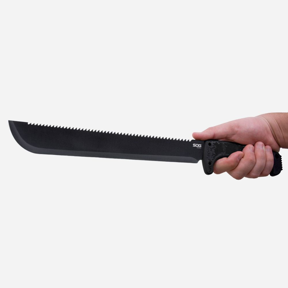 Hand holding a black machete against a white background
