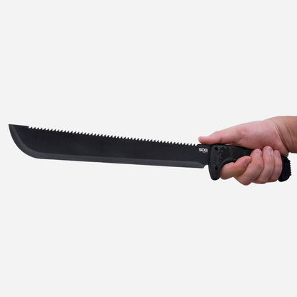 Hand holding a black machete against a white background