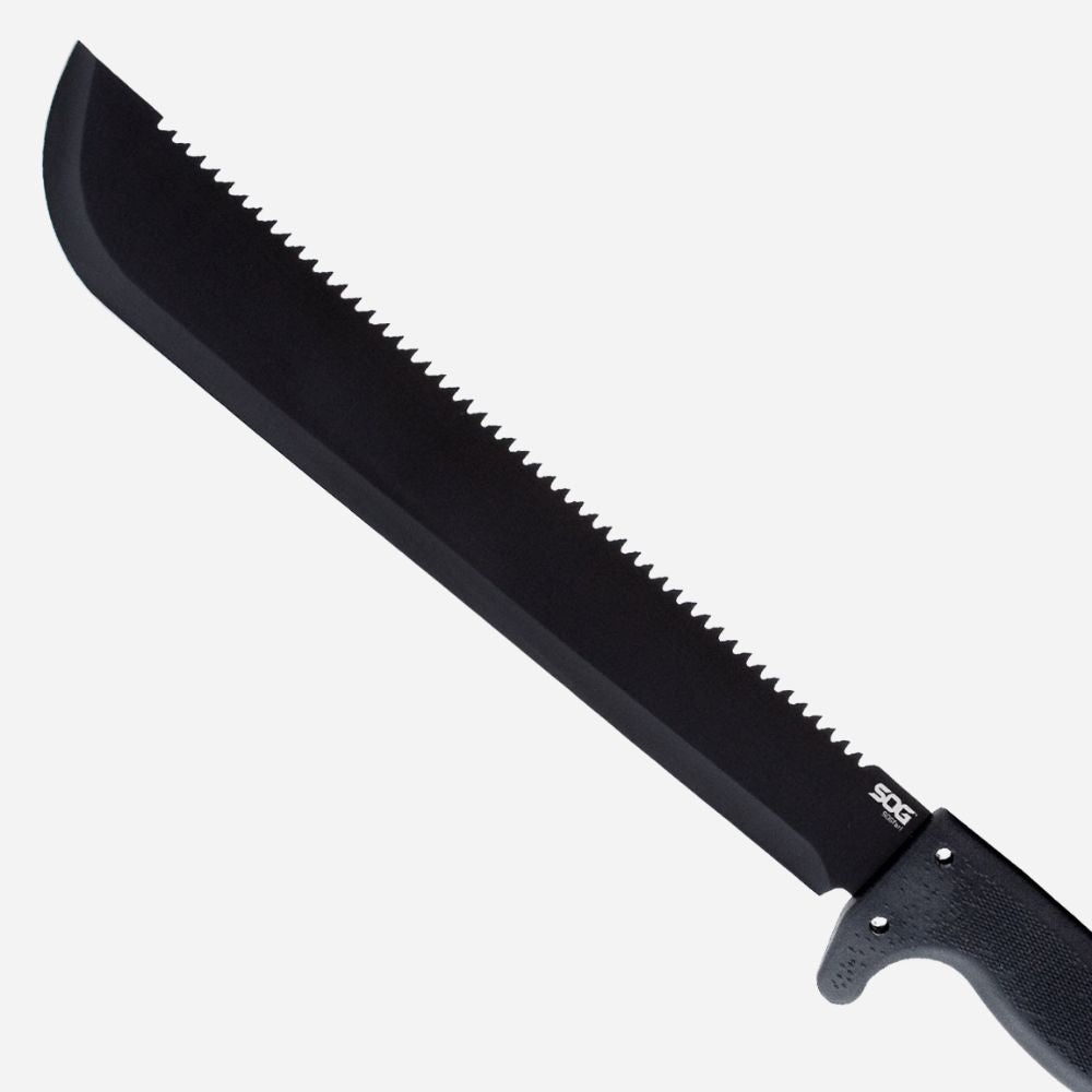 Black machete with a visible brand logo on a white background
