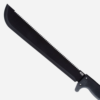 Black machete with a visible brand logo on a white background