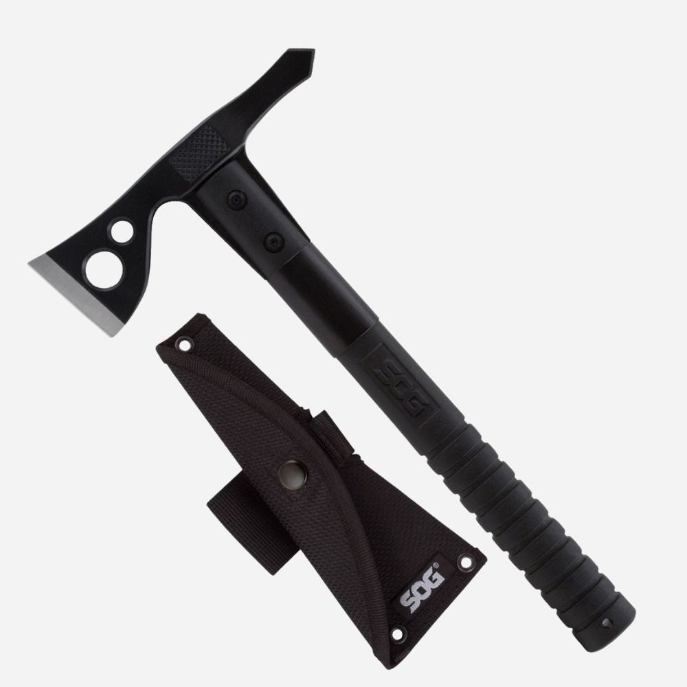 Black tomahawk with sheath on a white background