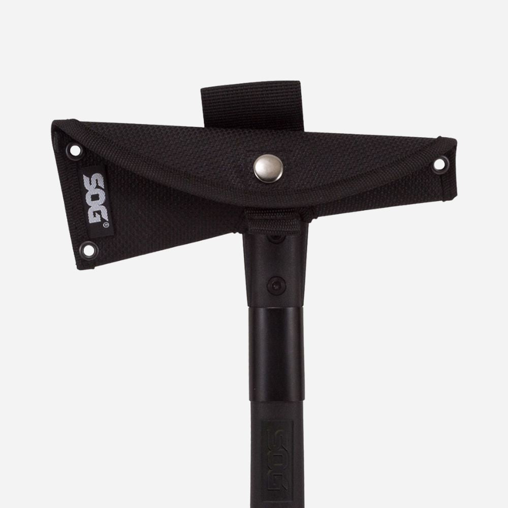 Black tomahawk with a sheath on a white background