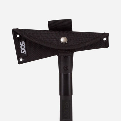 Black tomahawk with a sheath on a white background