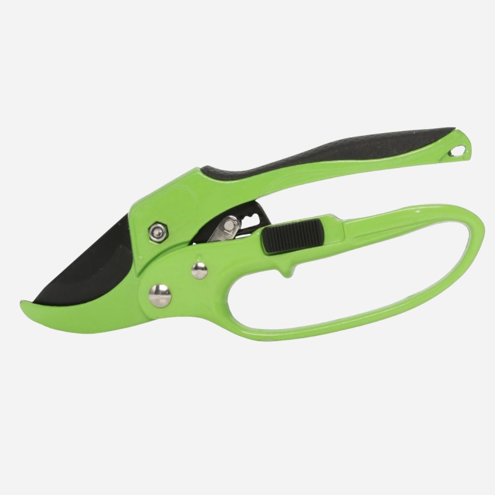 Green and black gardening pruner on a white background