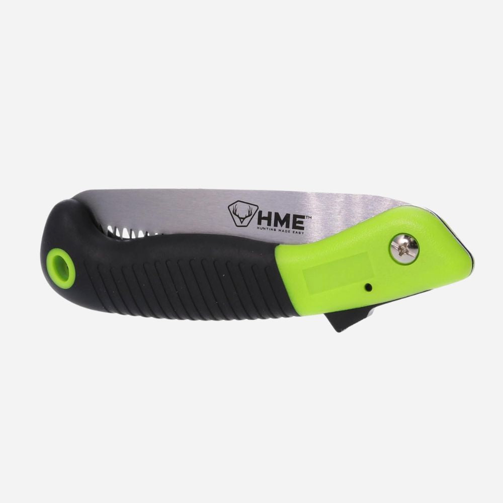Folding knife with green handle and silver blade on a white background
