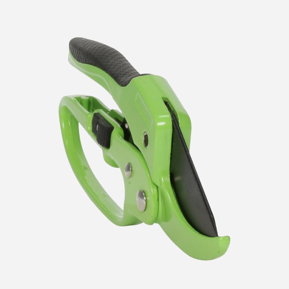 Green garden shears on a white background