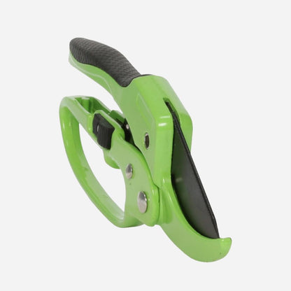 Green garden shears on a white background