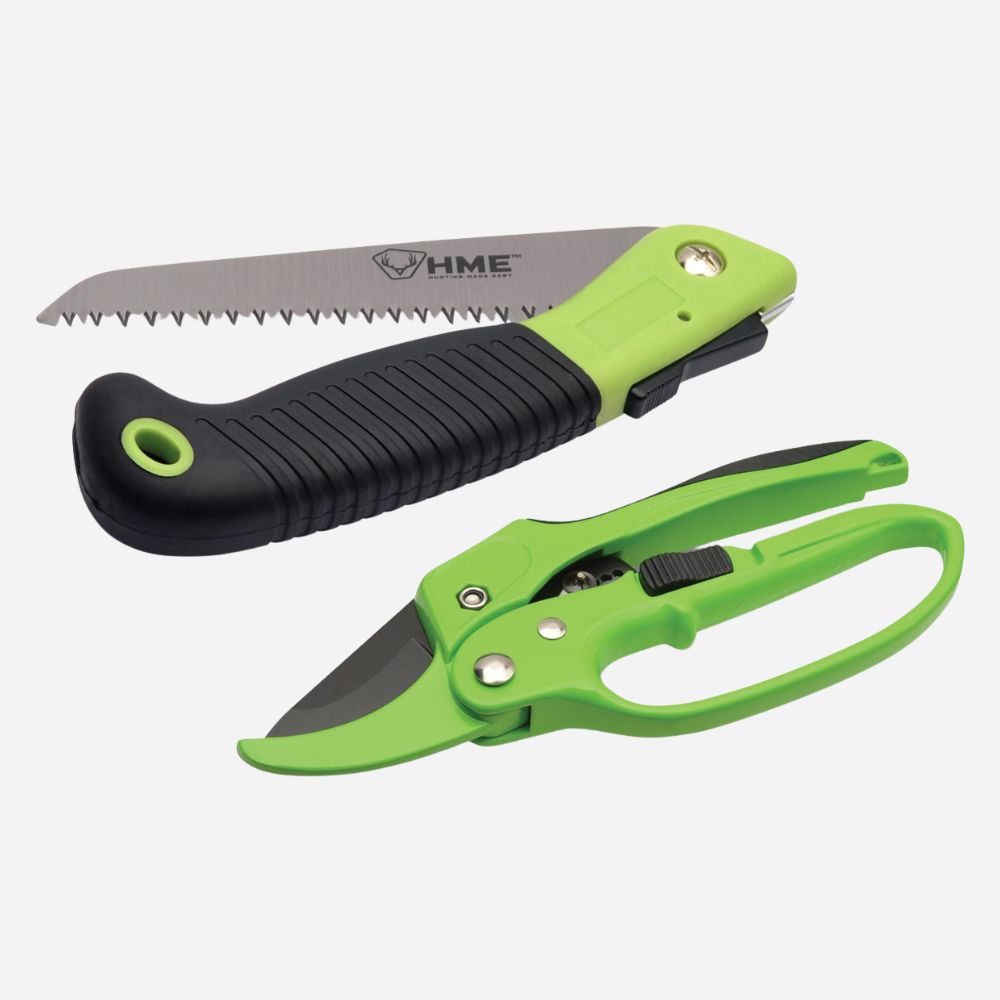 Two green gardening tools, a saw and shears, on a white background with HME branding.