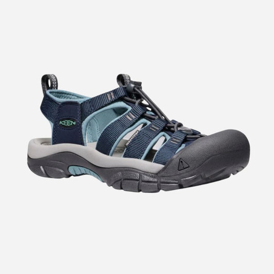 Blue and gray sandal with KEEN logo on a white background