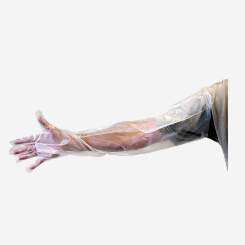 Arm with a transparent plastic sleeve on a white background