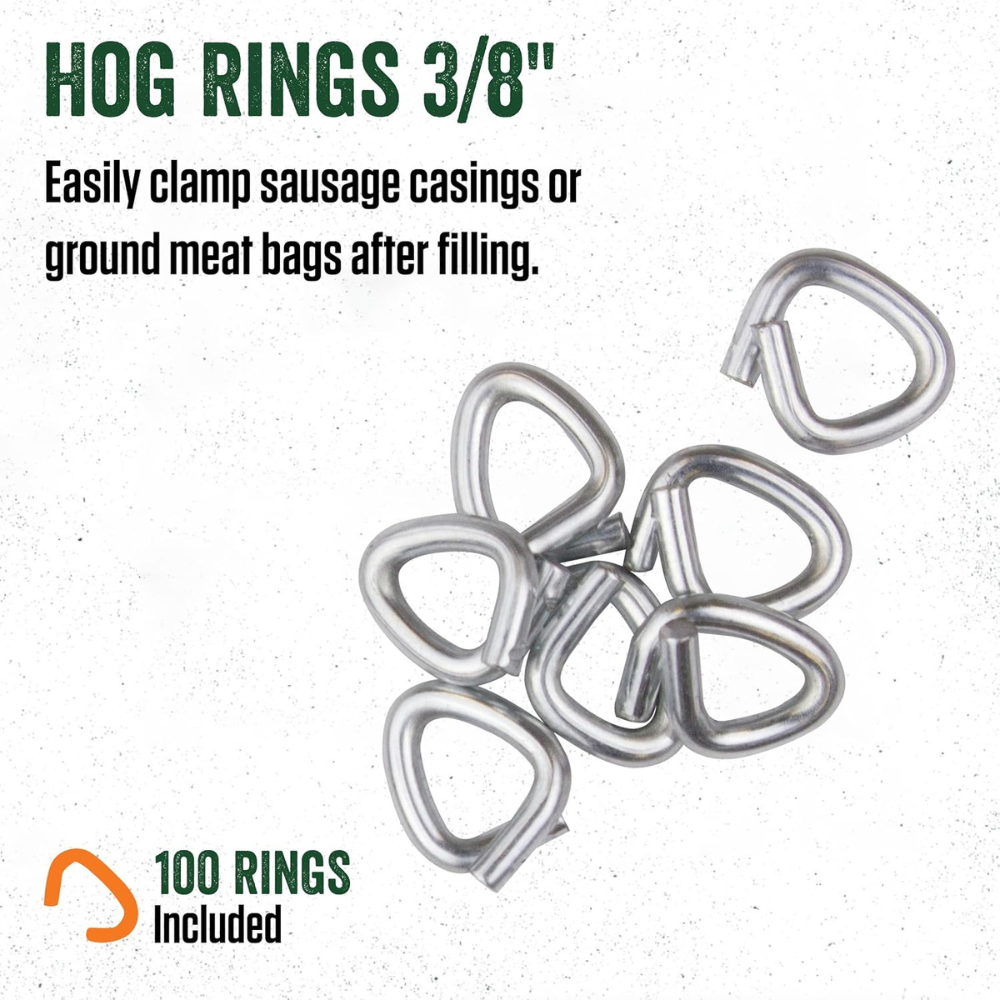 Metal hog rings with text on a white background