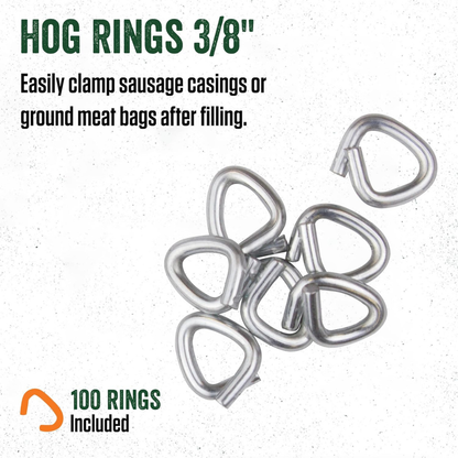 Metal hog rings with text on a white background