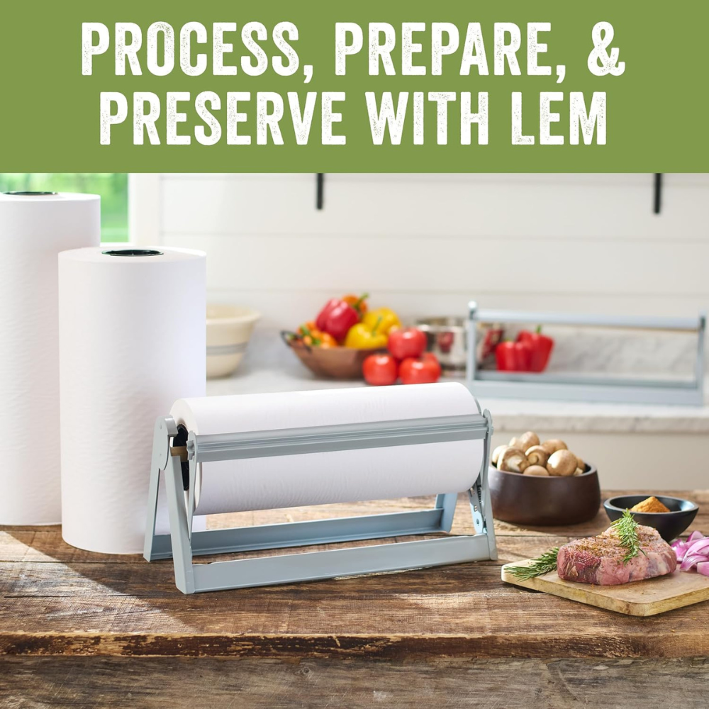 Roll of paper wrap with a stand on a kitchen counter, text 'Process, Prepare, & Preserve with LEM' at the top.