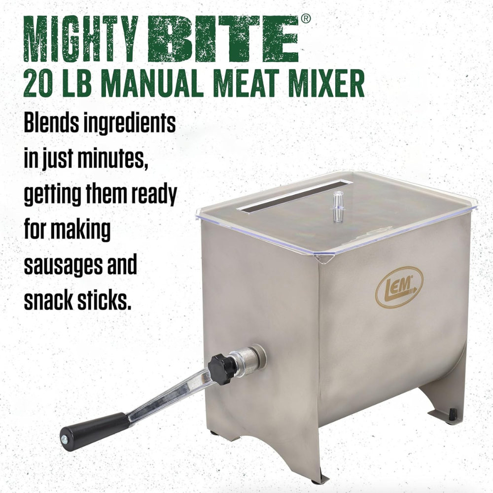 Metallic manual meat mixer with text describing its features on a white background