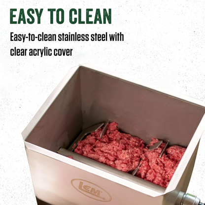 Stainless steel meat grinder with ground meat and clear acrylic cover, featuring the brand 'LEM'.
