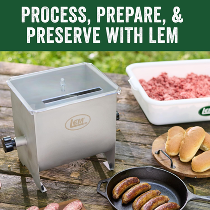LEM food processing equipment on a wooden table with ground meat and sausages, against a green background.