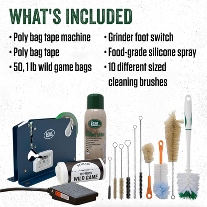 List of included items with a poly bag tape machine, spray can, and cleaning brushes on a white background.