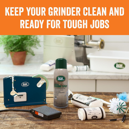 Cleaning supplies for a grinder on a wooden surface with a text overlay about keeping the grinder clean.