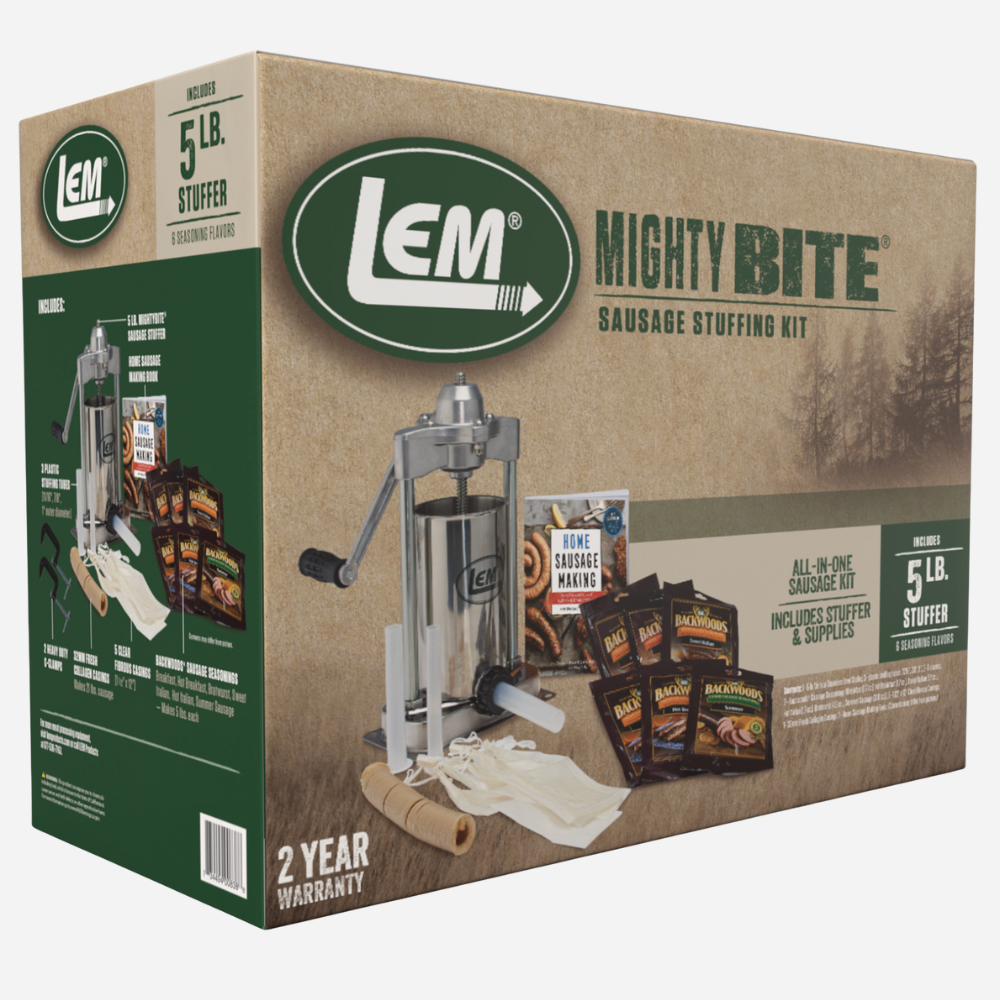 LEM Mighty Bite Sausage Stuffing Kit packaging with product images and branding.