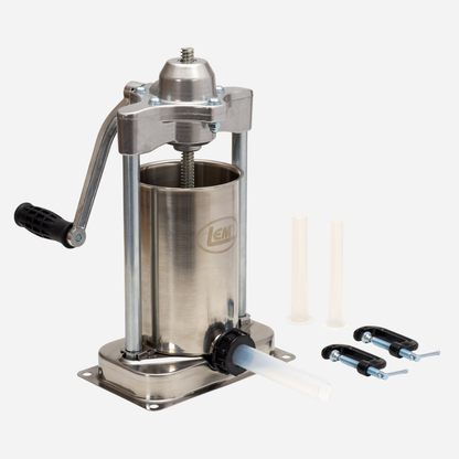 Stainless steel manual meat grinder with attachments on a white background