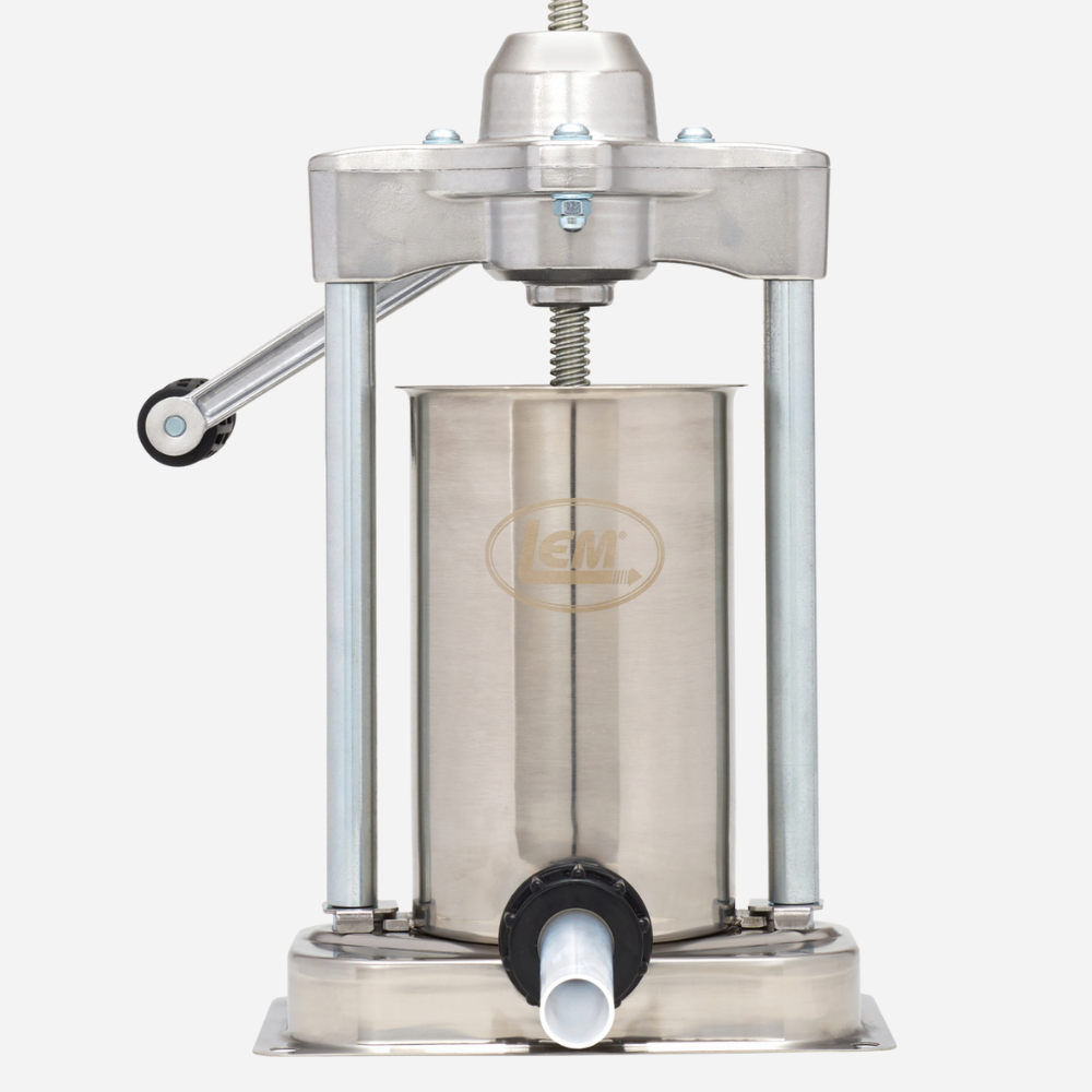 Stainless steel manual juicer with a brand logo on a white background